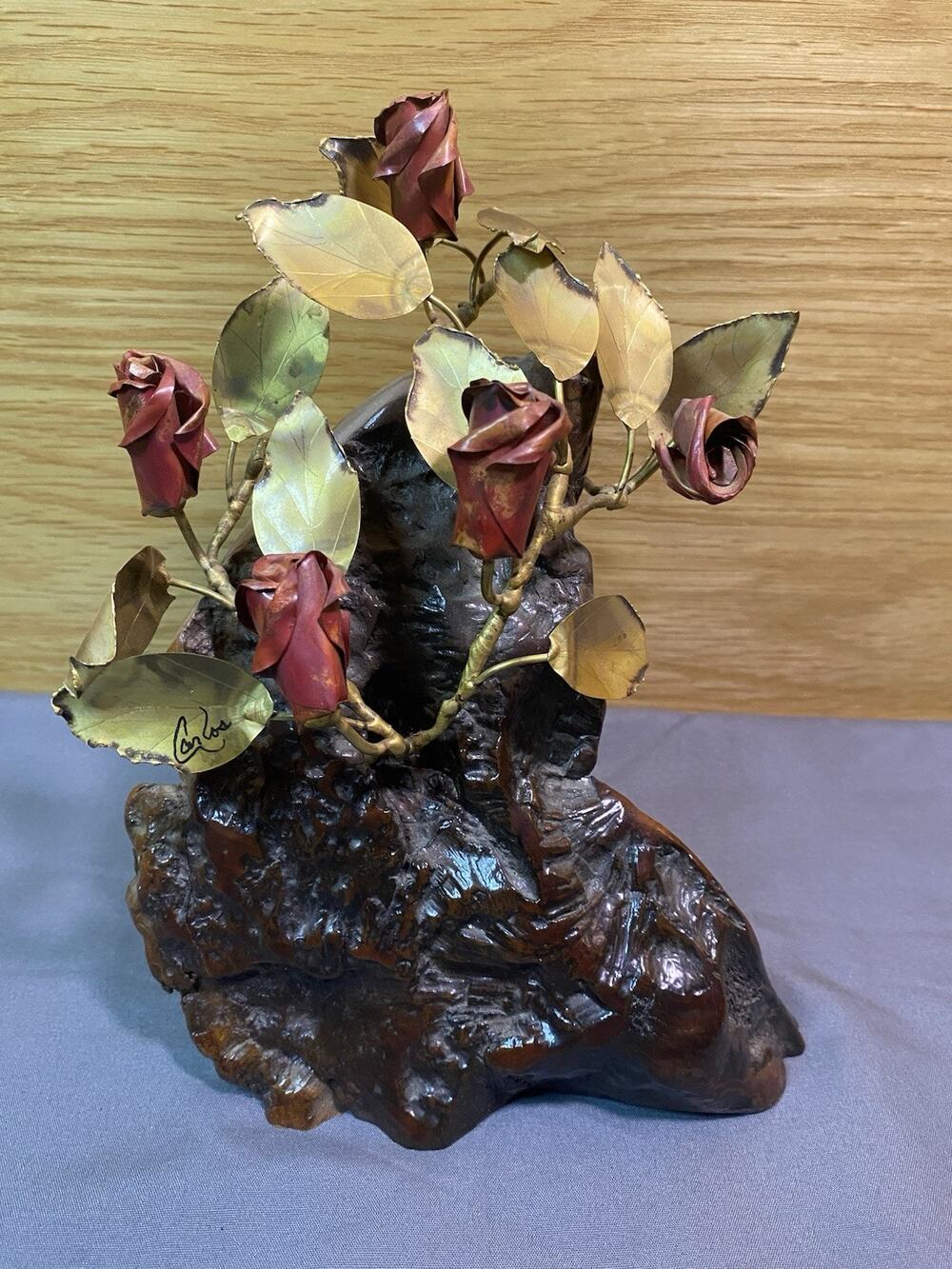 MCM Metal Brass & Stone Floral Rose Leaf Art Decor Brutalist Metal Art Vintage
